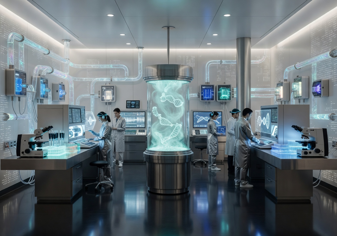 High-tech glowing medical research facility interior